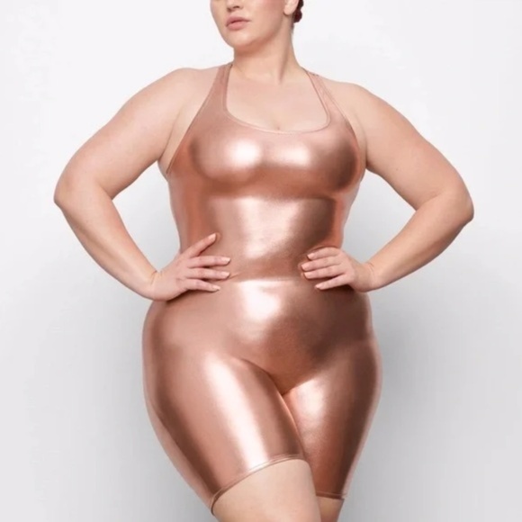 Skims NWT Champagne Metallic Racerback Swim Cycle One Piece Suit Size 4X - Picture 1 of 10